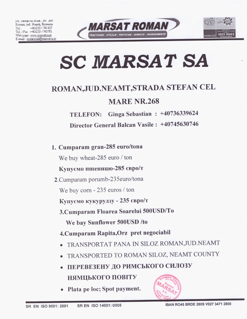 SC MARSAT SA compra granos de colza (trigo, cebada, maíz) y semillas de girasol