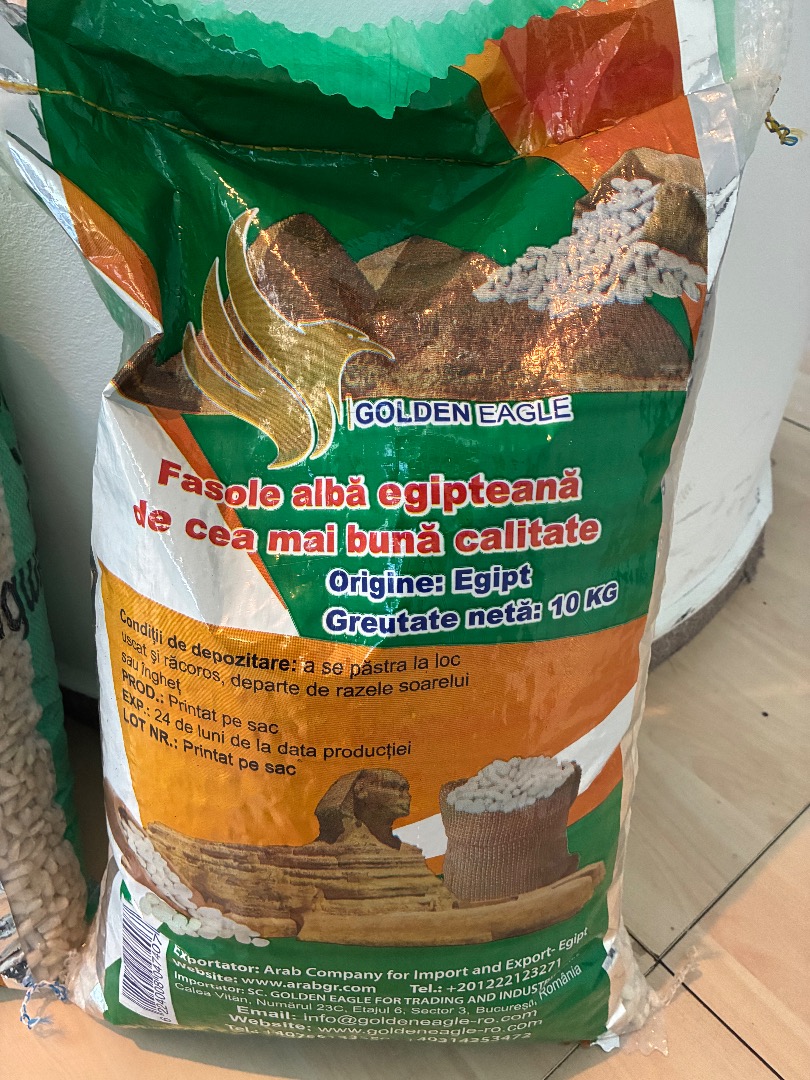 Alubias blancas, saco de 10 kg, calidad A, 180-200/100g, cosecha diciembre 2025, origen Egipto, precio 1,3 euros/kg sin IVA